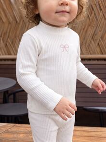 SHEIN 3 Pack Baby Girls Pullover Shirt Matching Light Pink Beige White Bow Ribbed Knit Long Sleeve Mock Neck Party Family First Birthday Autumn Holiday - Multicolor - View 7
