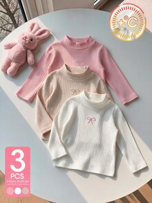 SHEIN 3 Pack Baby Girls Pullover Shirt Matching Light Pink Beige White Bow Ribbed Knit Long Sleeve Mock Neck Party Family First Birthday Autumn Holiday - Multicolor - View 2