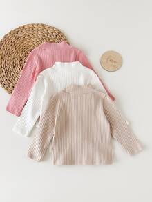 SHEIN 3 Pack Baby Girls Pullover Shirt Matching Light Pink Beige White Bow Ribbed Knit Long Sleeve Mock Neck Party Family First Birthday Autumn Holiday - Multicolor - View 10