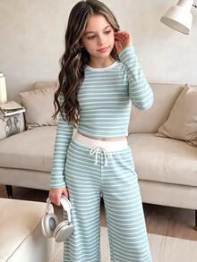 SHEIN Tween Girl Slim Fit Short Printed Knit Top Elastic Straight Leg Long Pants Set School Sports Casual Family Matching Gray Winter Holiday - Blue - View 3