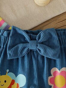SHEIN Baby Girl Spring/Autumn Sweet 2 Pieces Set, Colorful Striped Ruffle Long Sleeve Bodysuit, Paired With Blue 3D Bow Hem Pants, Pants Decorated With Floral, Butterfly And Bee Motifs, Fashionable And Versatile, Suitable For Daily And Outing Wear - Multicolor - View 7