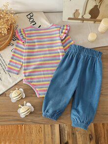SHEIN Baby Girl Spring/Autumn Sweet 2 Pieces Set, Colorful Striped Ruffle Long Sleeve Bodysuit, Paired With Blue 3D Bow Hem Pants, Pants Decorated With Floral, Butterfly And Bee Motifs, Fashionable And Versatile, Suitable For Daily And Outing Wear - Multicolor - View 2