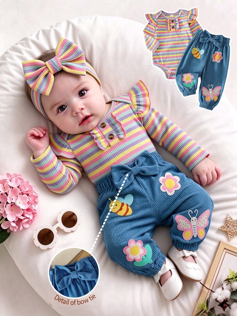 SHEIN Baby Girl Spring/Autumn Sweet 2 Pieces Set, Colorful Striped Ruffle Long Sleeve Bodysuit, Paired With Blue 3D Bow Hem Pants, Pants Decorated With Floral, Butterfly And Bee Motifs, Fashionable And Versatile, Suitable For Daily And Outing Wear - Multicolor - View 1