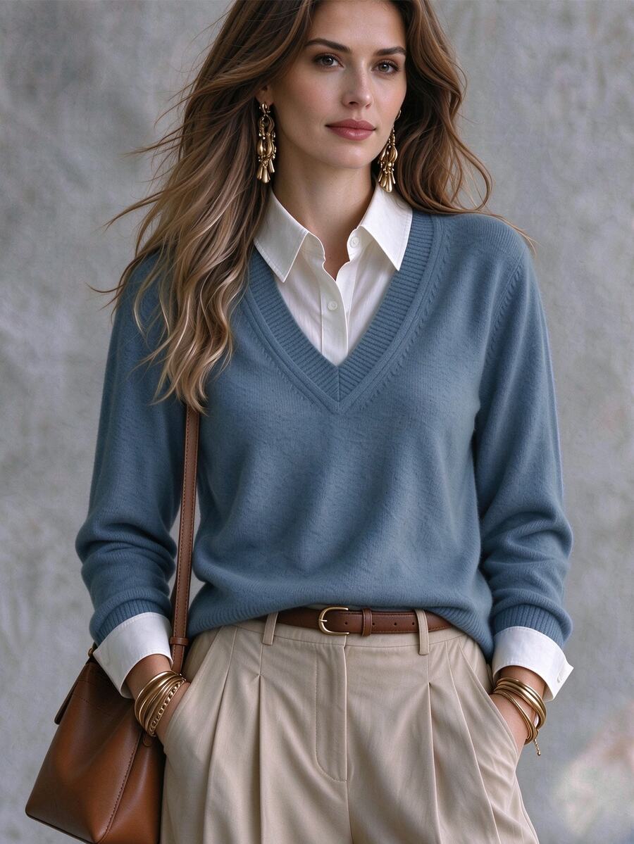 SHEIN Women's Elegant White Blue Colorblock Button Faux Two-Piece Sweater V Neck Long Sleeve Casual Chic Fall Winter Going Out