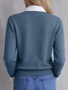 SHEIN Women's Elegant White Blue Colorblock Button Faux Two-Piece Sweater V Neck Long Sleeve Casual Chic Fall Winter Going Out - Aqua Blue - View 3
