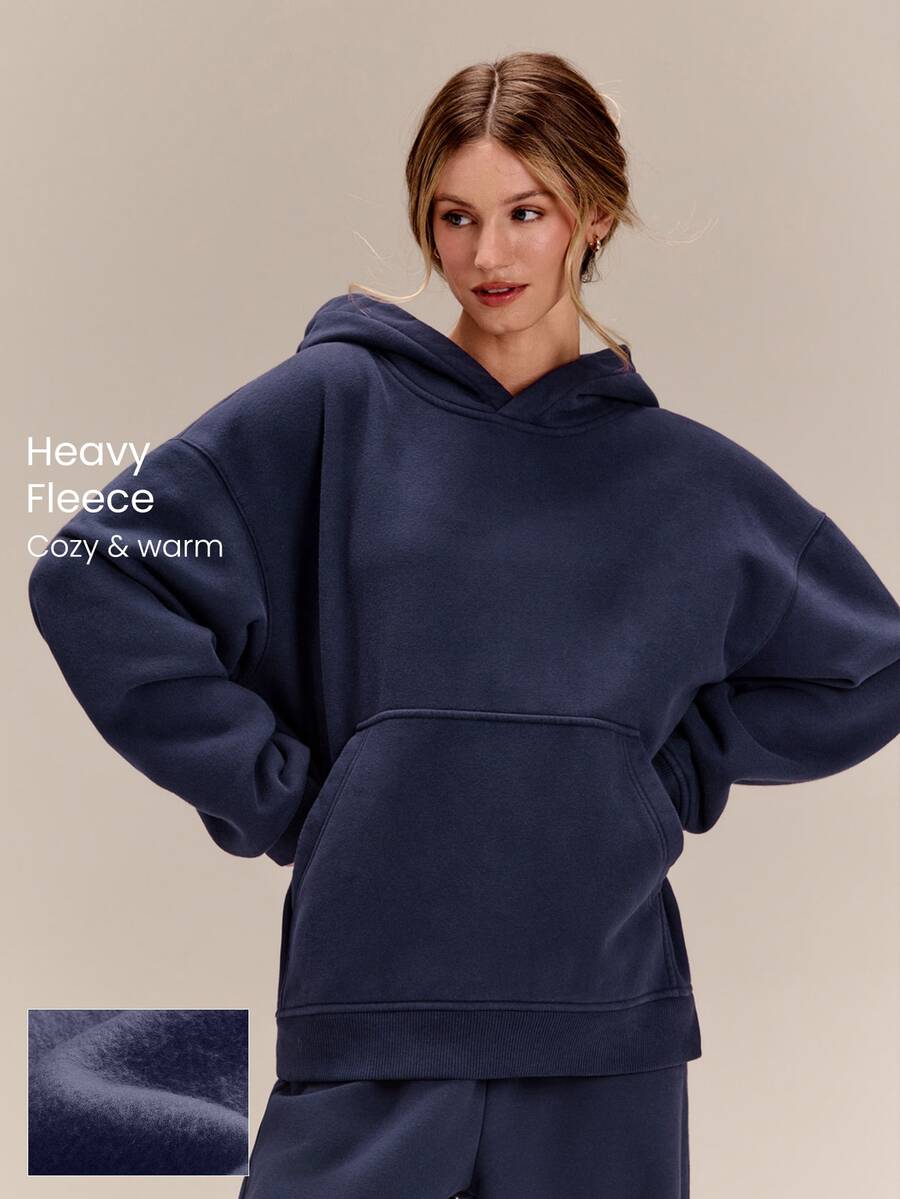 GLOWMODE Heavyweight Fleece Oversized Sweatshirt Pocket Thick Thermal Warm Winter Valentine's Day - Navy Blue - View 1