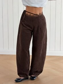 SHEIN EZwear Women's Lace Patchwork Casual Daily Wear Long Pants - Brown - View 3