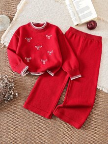 SHEIN 2026 春/秋新款 4-7 歲女童毛衣套裝，圓領針織上衣與寬腿褲配 3D 蝴蝶結，2 件套，適合休閒外出、週末家庭聚會與學校活動 - 紅色 - 查看 8
