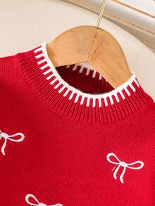 SHEIN 2026 春/秋新款 4-7 歲女童毛衣套裝，圓領針織上衣與寬腿褲配 3D 蝴蝶結，2 件套，適合休閒外出、週末家庭聚會與學校活動 - 紅色 - 查看 4