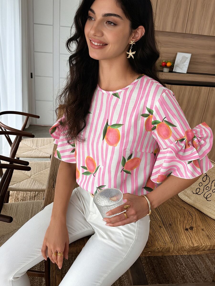 Wandoria Pink And White Striped Lemon Print Round Neck Blouse With Bow Sleeve Decor, Spring/Summer Holiday Wear Vacation Tropical Brunch Picnic - Multicolor - View 1