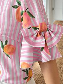 Wandoria Pink And White Striped Lemon Print Round Neck Blouse With Bow Sleeve Decor, Spring/Summer Holiday Wear Vacation Tropical Brunch Picnic - Multicolor - View 6