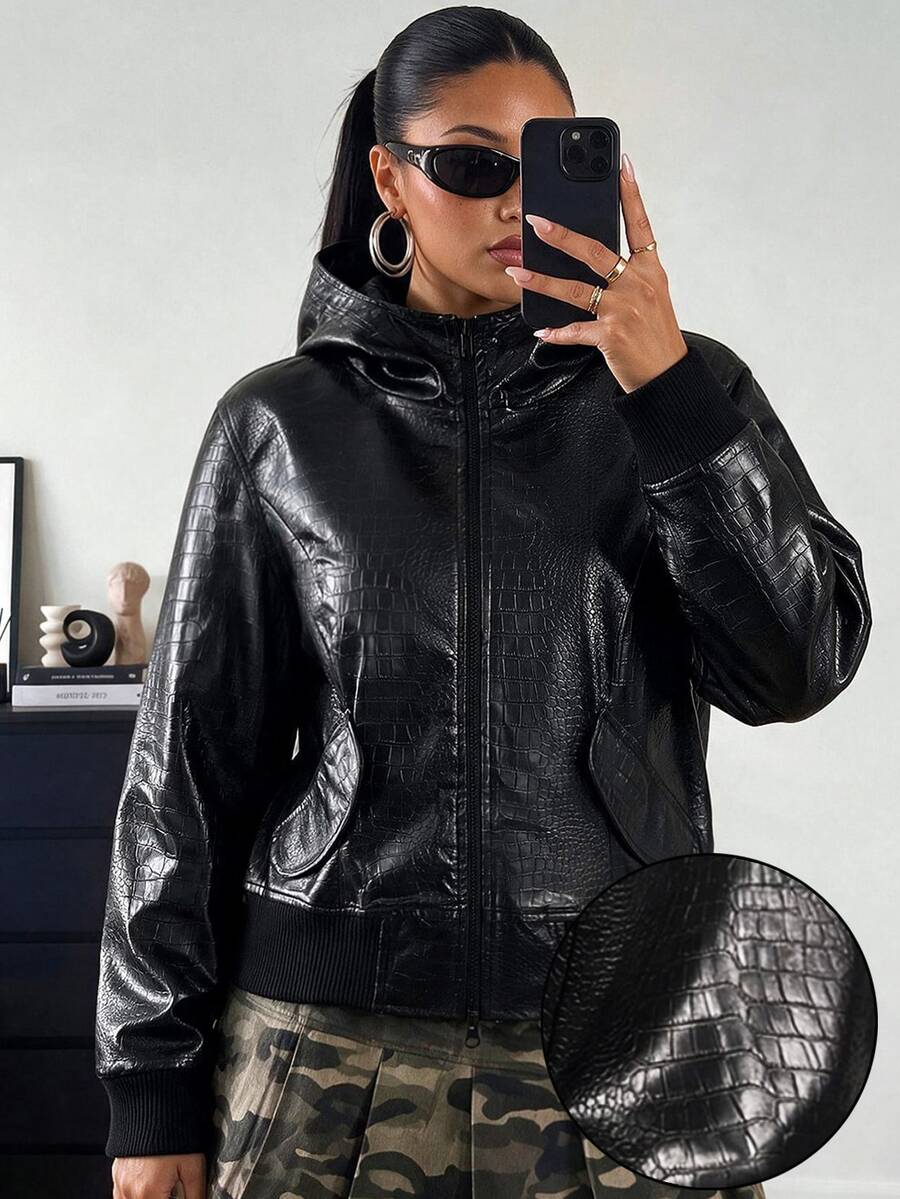 POPSWAY Plus Size Punk Style Premium PU Leather Hooded Long Sleeve Slim Fit Flattering Short Jacket Winter - Black - View 1
