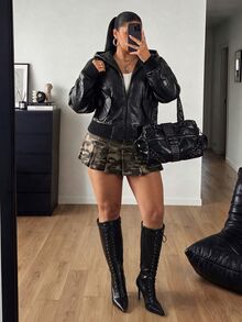POPSWAY Plus Size Punk Style Premium PU Leather Hooded Long Sleeve Slim Fit Flattering Short Jacket Winter - Black - View 6