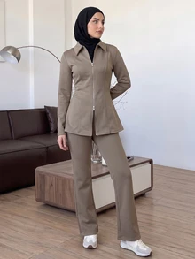 Solavon Women's Casual Minimalist Elegant Modest Zip-Up Long Sleeve Jacket And Pants 2 Pieces Set Office Khaki Fall - Khaki - View 7