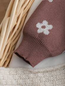 SHEIN Newborn Baby Floral Jacquard Long Sleeve Sweater And Knitted Pants Set - Brown - View 6