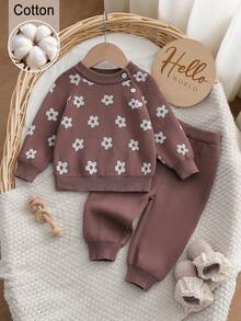 SHEIN Newborn Baby Floral Jacquard Long Sleeve Sweater And Knitted Pants Set - Brown - View 1