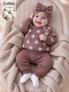 SHEIN Newborn Baby Floral Jacquard Long Sleeve Sweater And Knitted Pants Set - Brown - View 4