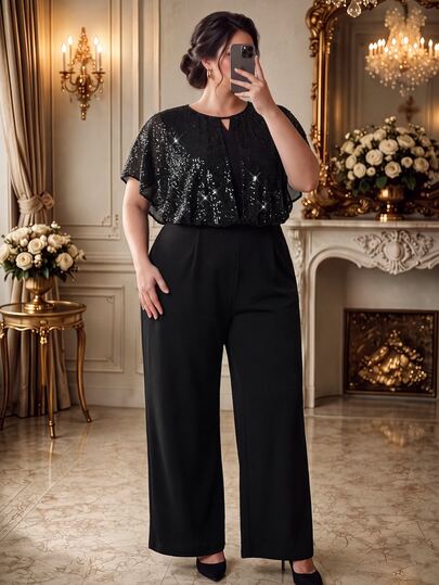 Rometta Plus Size Women's New Elegant Crew Neck Casual Loose Silver Foil Mesh Jumpsuit, Suitable For Party, Daily Wear, Commuting