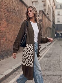 Elafinee Casual Colorblock Leopard Print Jacquard Drop Shoulder Long Sleeve Ribbed Cuff & Hem Knit Cardigan For Women, Autumn/Winter - Multicolor - View 6