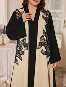 Al Najma Women's Long Sleeve Loose Lace Patchwork Embroidered Elegant Versatile Autumn Black Contrast Color Plus Size Arabian Dress - Multicolor - View 7