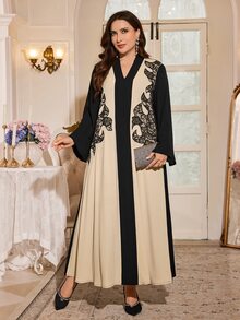 Al Najma Women's Long Sleeve Loose Lace Patchwork Embroidered Elegant Versatile Autumn Black Contrast Color Plus Size Arabian Dress - Multicolor - View 4
