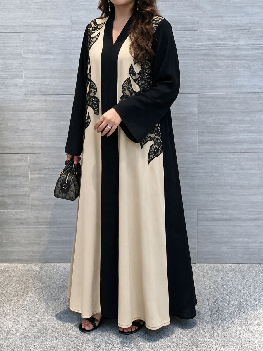 Al Najma Women's Long Sleeve Loose Lace Patchwork Embroidered Elegant Versatile Autumn Black Contrast Color Plus Size Arabian Dress - Multicolor - View 1