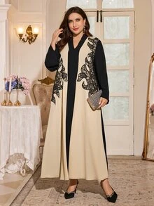 Al Najma Women's Long Sleeve Loose Lace Patchwork Embroidered Elegant Versatile Autumn Black Contrast Color Plus Size Arabian Dress - Multicolor - View 6
