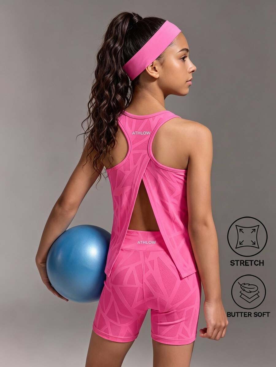 Girls 2pcs Soft Mesh Knit Backless Sleeveless Top High Waist Elastic Tight Shorts Set, Suitable For Workout Sports, Summer Gym Pink Y2k Athletic Baggy