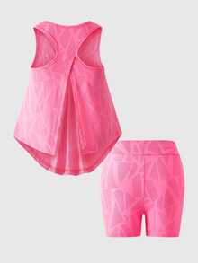 Girls 2pcs Soft Mesh Knit Backless Sleeveless Top High Waist Elastic Tight Shorts Set, Suitable For Workout Sports, Summer Gym Pink Y2k Athletic Baggy - Hot Pink - View 3