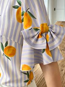 Wandoria Blue And White Striped Lemon Print Round Neck Blouse With Bow Sleeve Decor, Spring/Summer Holiday Wear Vacation Boho European Elegant Tea Party - Multicolor - View 4