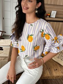 Wandoria Blue And White Striped Lemon Print Round Neck Blouse With Bow Sleeve Decor, Spring/Summer Holiday Wear Vacation Boho European Elegant Tea Party - Multicolor - View 1