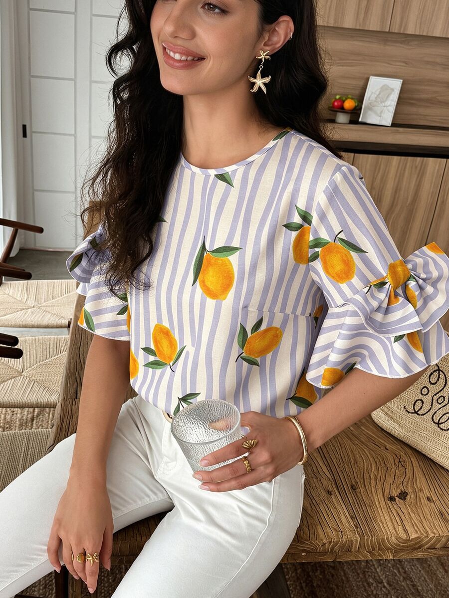 Wandoria Blue And White Striped Lemon Print Round Neck Blouse With Bow Sleeve Decor, Spring/Summer Holiday Wear Vacation Boho European Elegant Tea Party - Multicolor - View 1