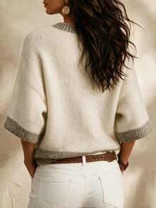 SHEIN Franclia New Fall Winter Nordic Minimal Two Tone Half Zip Knit Jumper Women Mock Neck Mid Sleeve Loose Silhouette - Apricot - View 2