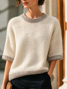 SHEIN Franclia New Fall Winter Nordic Minimal Two Tone Half Zip Knit Jumper Women Mock Neck Mid Sleeve Loose Silhouette - Apricot - View 7
