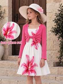 SHEIN ملابس الفتيات المراهقات، أسلوب الجزيرة، كارديجان طويل الأكمام باللون الفوشيا مع فستان كامي، طقم من قطعتين، مثالي للتنقل اليومي والسفر وعطلة نهاية الأسبوع على الشاطئ - روز أحمر - مشاهدة 5
