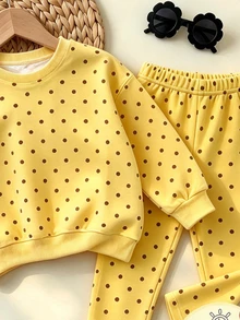 Girls' Polka Dot Crew Neck Sweatshirt 2 Pieces Set, Minimalist Baby Yellow And Brown Contrast Classic Timeless Loose Drop Shoulder Slim Fit Leggings - Multicolor - View 3