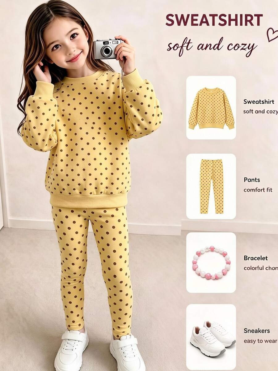 Girls' Polka Dot Crew Neck Sweatshirt 2 Pieces Set, Minimalist Baby Yellow And Brown Contrast Classic Timeless Loose Drop Shoulder Slim Fit Leggings - Multicolor - View 1