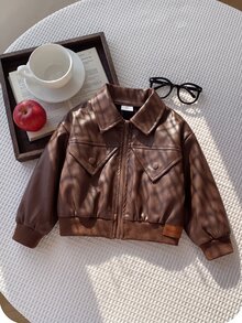 SHEIN Girls' Faux Leather Motorcycle Jacket With Lapel Collar And Zipper, Short Length, Vintage Long Sleeve Casual Wear, Sweet And Cool Style For Spring And Autumn, Suitable For Daily Outings And Gatherings - Brown - View 5