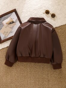 SHEIN Girls' Faux Leather Motorcycle Jacket With Lapel Collar And Zipper, Short Length, Vintage Long Sleeve Casual Wear, Sweet And Cool Style For Spring And Autumn, Suitable For Daily Outings And Gatherings - Brown - View 2