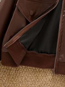 SHEIN Girls' Faux Leather Motorcycle Jacket With Lapel Collar And Zipper, Short Length, Vintage Long Sleeve Casual Wear, Sweet And Cool Style For Spring And Autumn, Suitable For Daily Outings And Gatherings - Brown - View 8