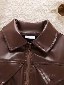 SHEIN Girls' Faux Leather Motorcycle Jacket With Lapel Collar And Zipper, Short Length, Vintage Long Sleeve Casual Wear, Sweet And Cool Style For Spring And Autumn, Suitable For Daily Outings And Gatherings - Brown - View 6