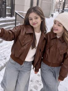 SHEIN Girls' Faux Leather Motorcycle Jacket With Lapel Collar And Zipper, Short Length, Vintage Long Sleeve Casual Wear, Sweet And Cool Style For Spring And Autumn, Suitable For Daily Outings And Gatherings - Brown - View 1