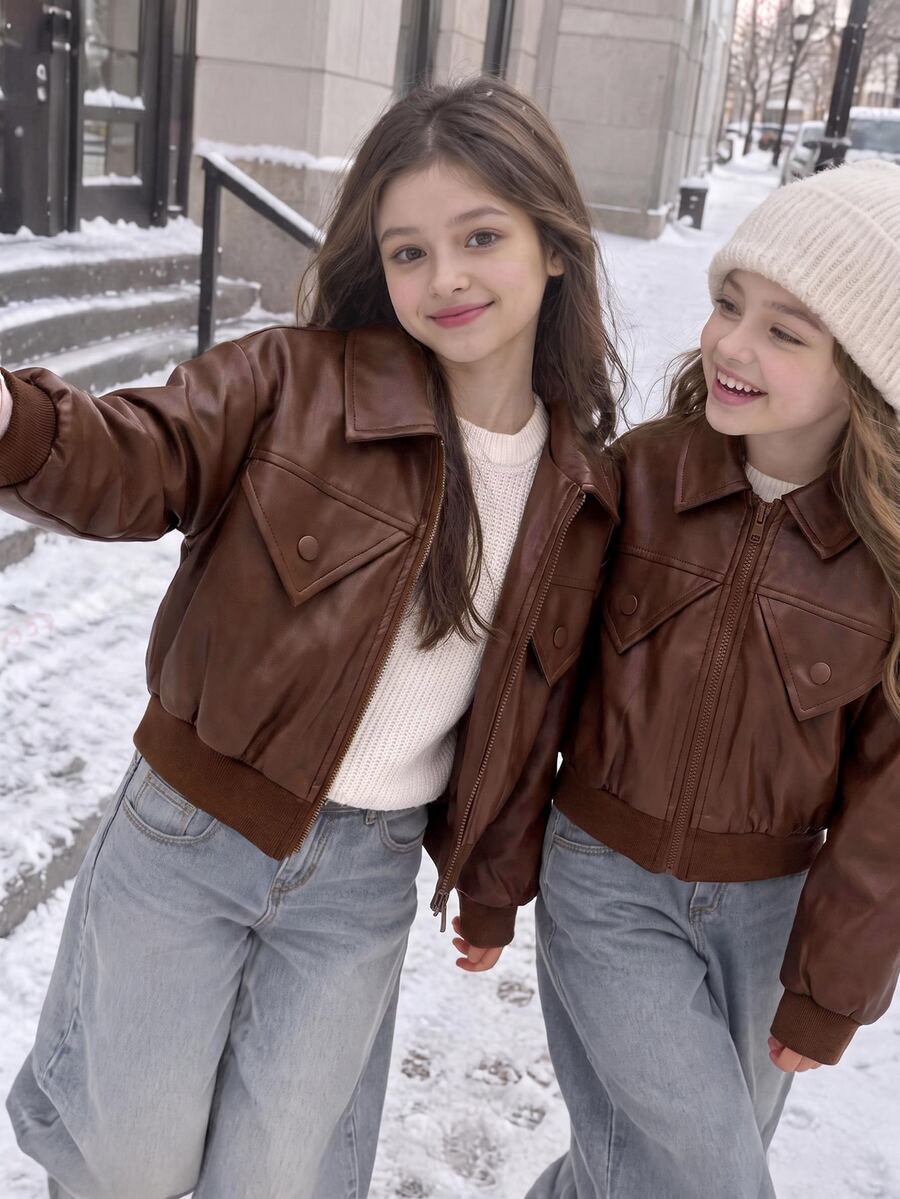 SHEIN Girls' Faux Leather Motorcycle Jacket With Lapel Collar And Zipper, Short Length, Vintage Long Sleeve Casual Wear, Sweet And Cool Style For Spring And Autumn, Suitable For Daily Outings And Gatherings - Brown - View 1