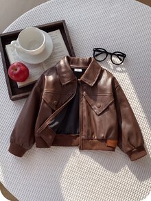 SHEIN Girls' Faux Leather Motorcycle Jacket With Lapel Collar And Zipper, Short Length, Vintage Long Sleeve Casual Wear, Sweet And Cool Style For Spring And Autumn, Suitable For Daily Outings And Gatherings - Brown - View 4