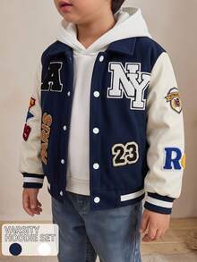 SHEIN 1pc Young Boys' Casual Jacket, Minimalist Collar Design, White Sleeve Contrast With Blue Body Fall Winter - Navy Blue - View 1