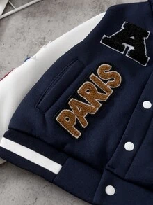 SHEIN 1pc Young Boys' Casual Jacket, Minimalist Collar Design, White Sleeve Contrast With Blue Body Fall Winter - Navy Blue - View 5