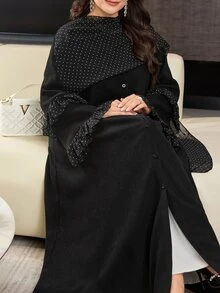 Al Najma Women's Polka Dot Patchwork Long Sleeve Ruffle Loose Elegant Versatile Autumn/Winter Plus Size Arabic Abaya Coat - Black - View 8