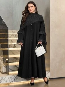 Al Najma Women's Polka Dot Patchwork Long Sleeve Ruffle Loose Elegant Versatile Autumn/Winter Plus Size Arabic Abaya Coat - Black - View 6