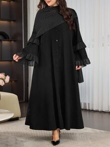 Al Najma Women's Polka Dot Patchwork Long Sleeve Ruffle Loose Elegant Versatile Autumn/Winter Plus Size Arabic Abaya Coat - Black - View 7