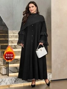 Al Najma Women's Polka Dot Patchwork Long Sleeve Ruffle Loose Elegant Versatile Autumn/Winter Plus Size Arabic Abaya Coat - Black - View 1
